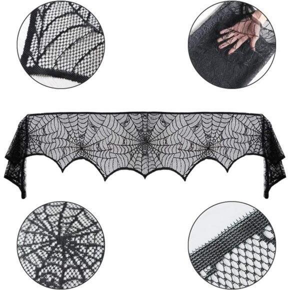 Halloween Cobweb Fireplace Scarf, Black Lace Spiderweb Mantle Scarf - Picture 3 of 8